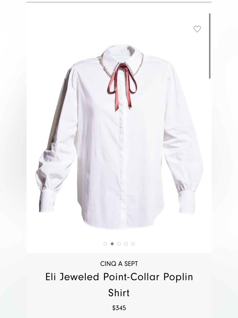 Cinq a Sept Eli Jewelled Point Collar Poplin Shirt size XS white with red tie